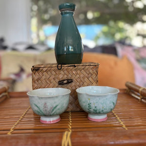 My House by Marine vintage Sake Set Hand-Painted Ceramic Sake Set: Oriental Pottery with Woven Gift Basket