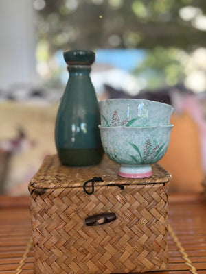 My House by Marine vintage Sake Set Hand-Painted Ceramic Sake Set: Oriental Pottery with Woven Gift Basket