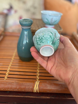 My House by Marine vintage Sake Set Hand-Painted Ceramic Sake Set: Oriental Pottery with Woven Gift Basket