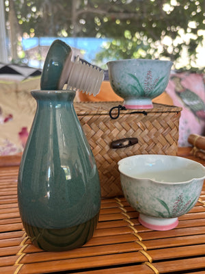 My House by Marine vintage Sake Set Hand-Painted Ceramic Sake Set: Oriental Pottery with Woven Gift Basket