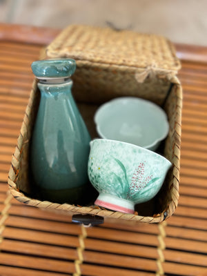 My House by Marine vintage Sake Set Hand-Painted Ceramic Sake Set: Oriental Pottery with Woven Gift Basket