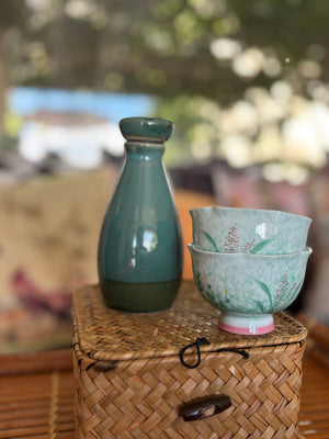 My House by Marine vintage Sake Set Hand-Painted Ceramic Sake Set: Oriental Pottery with Woven Gift Basket