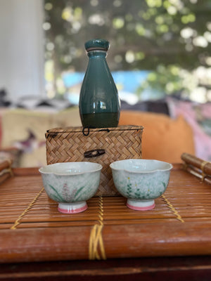 My House by Marine vintage Sake Set Hand-Painted Ceramic Sake Set: Oriental Pottery with Woven Gift Basket