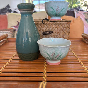 My House by Marine vintage Sake Set Hand-Painted Ceramic Sake Set: Oriental Pottery with Woven Gift Basket