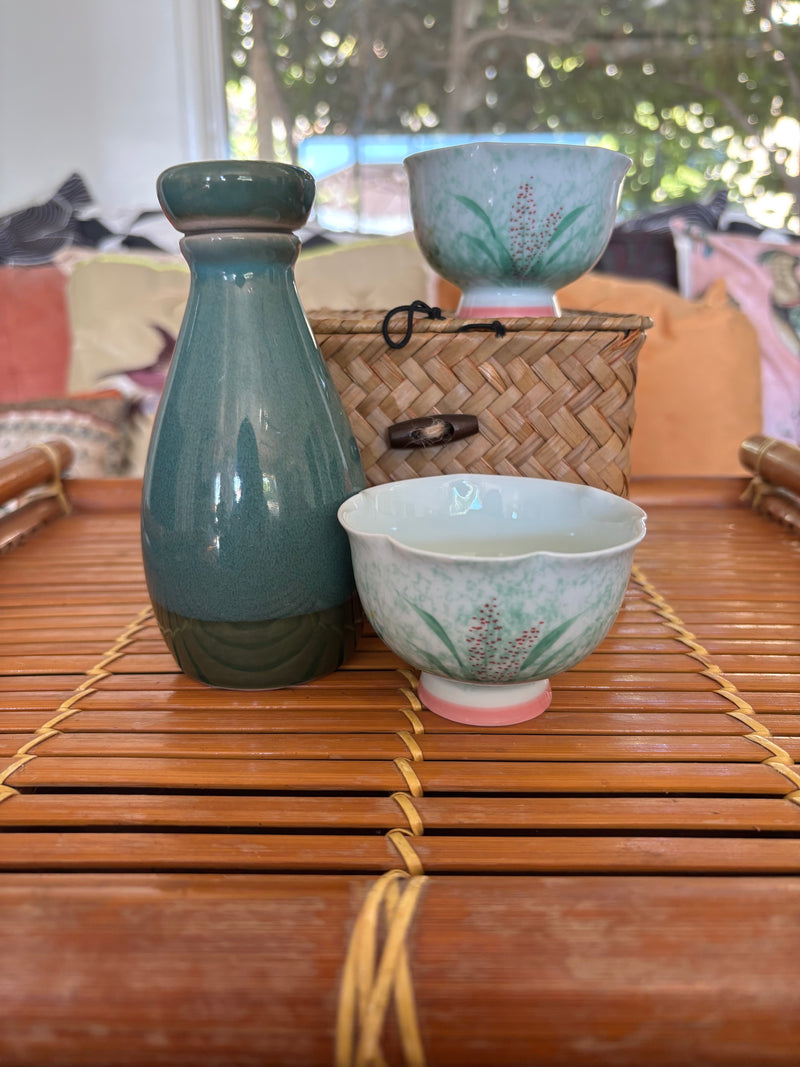 My House by Marine vintage Sake Set Hand-Painted Ceramic Sake Set: Oriental Pottery with Woven Gift Basket