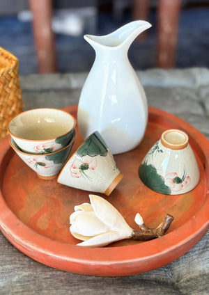 My House by Marine vintage Sake Set Hand-Painted Porcelain 4 Cups Sake Set: Oriental Pottery with Woven Gift Basket