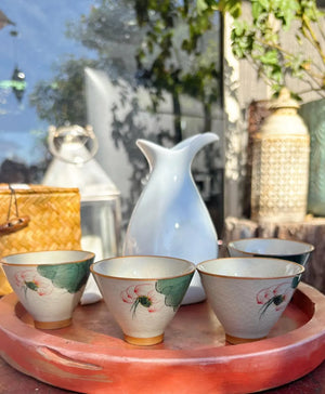 My House by Marine vintage Sake Set Hand-Painted Porcelain 4 Cups Sake Set: Oriental Pottery with Woven Gift Basket