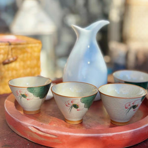 My House by Marine vintage Sake Set Hand-Painted Porcelain 4 Cups Sake Set: Oriental Pottery with Woven Gift Basket