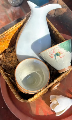 My House by Marine vintage Sake Set Hand-Painted Porcelain 4 Cups Sake Set: Oriental Pottery with Woven Gift Basket
