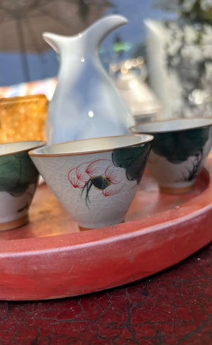 My House by Marine vintage Sake Set Hand-Painted Porcelain 4 Cups Sake Set: Oriental Pottery with Woven Gift Basket