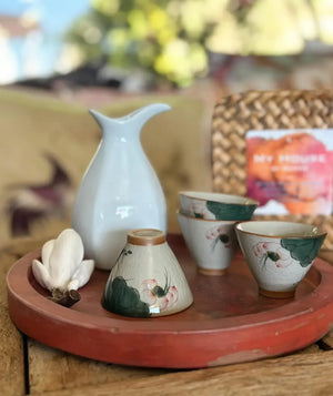 My House by Marine vintage Sake Set Hand-Painted Porcelain 4 Cups Sake Set: Oriental Pottery with Woven Gift Basket