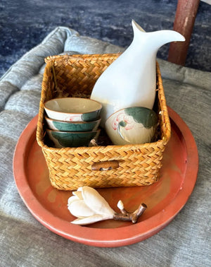 My House by Marine vintage Sake Set Hand-Painted Porcelain 4 Cups Sake Set: Oriental Pottery with Woven Gift Basket