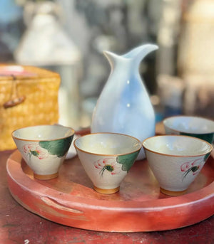 My House by Marine vintage Sake Set Hand-Painted Porcelain 4 Cups Sake Set: Oriental Pottery with Woven Gift Basket