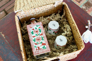 My House by Marine vintage Sake Set Handcrafted Kutani Ceramic Sake Set: Red & Green Bottle, 2 Cups, Woven Basket