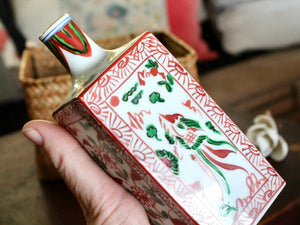 My House by Marine vintage Sake Set Handcrafted Kutani Ceramic Sake Set: Red & Green Bottle, 2 Cups, Woven Basket