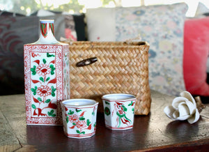 My House by Marine vintage Sake Set Handcrafted Kutani Ceramic Sake Set: Red & Green Bottle, 2 Cups, Woven Basket