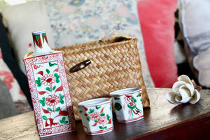 My House by Marine vintage Sake Set Handcrafted Kutani Ceramic Sake Set: Red & Green Bottle, 2 Cups, Woven Basket