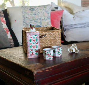 My House by Marine vintage Sake Set Handcrafted Kutani Ceramic Sake Set: Red & Green Bottle, 2 Cups, Woven Basket