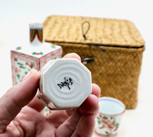 My House by Marine vintage Sake Set Handcrafted Kutani Ceramic Sake Set: Red & Green Bottle, 2 Cups, Woven Basket