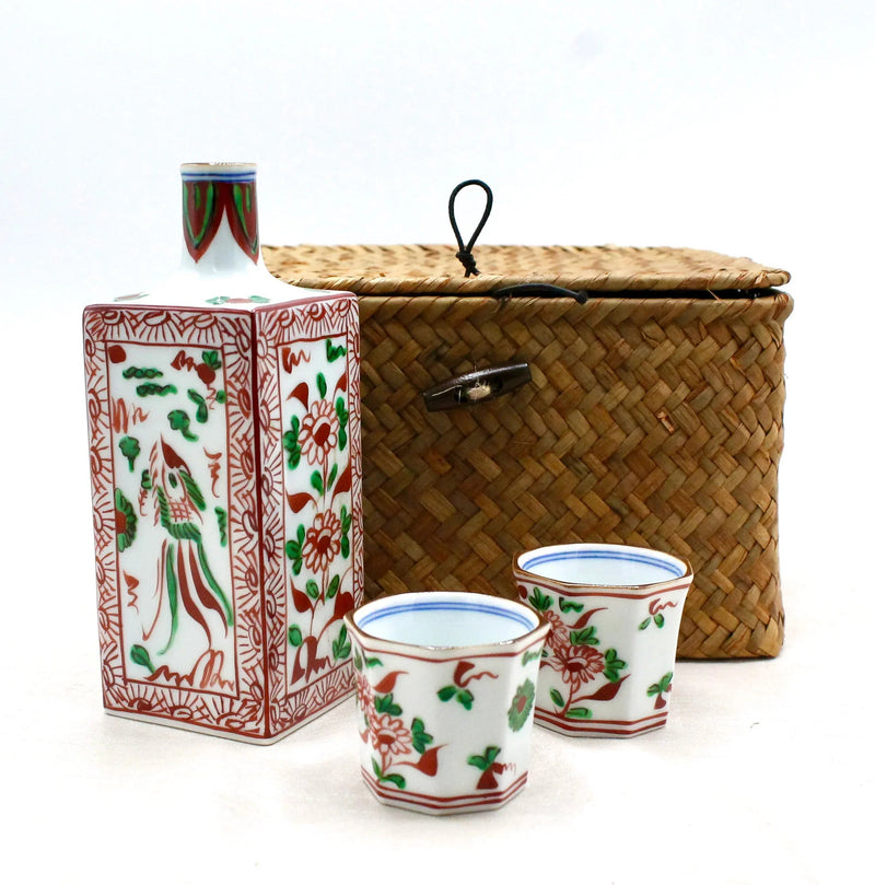 My House by Marine vintage Sake Set Handcrafted Kutani Ceramic Sake Set: Red & Green Bottle, 2 Cups, Woven Basket