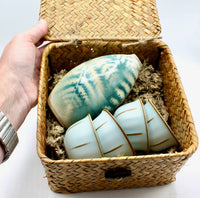 My House by Marine vintage Sake Set Handmade Celadon Ceramic Sake Set: Vintage Signed Bottle, Woven Basket