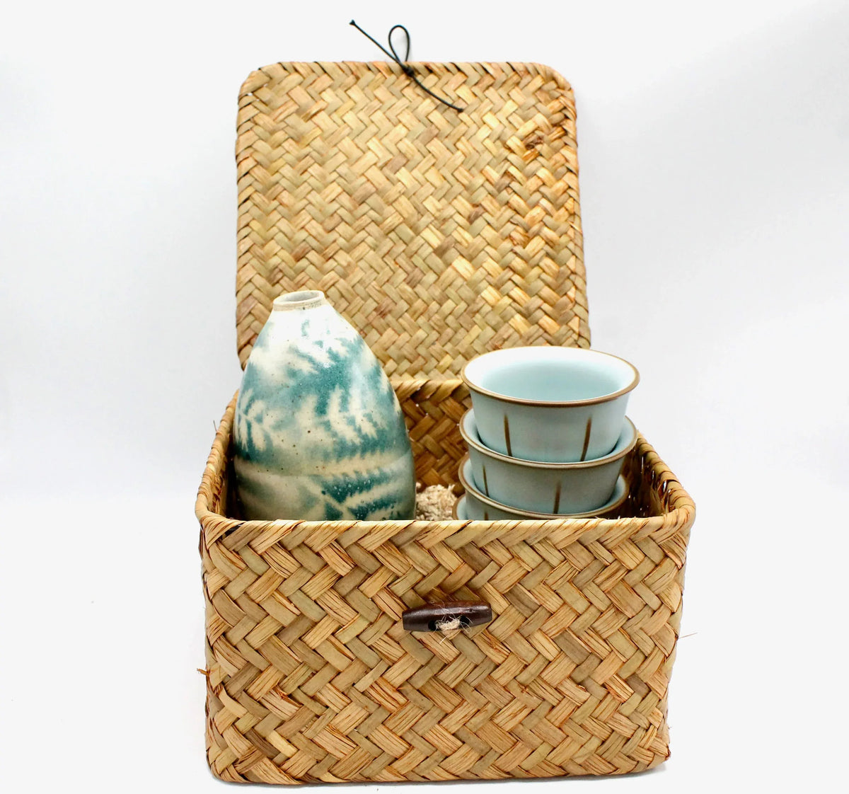 My House by Marine vintage Sake Set Handmade Celadon Ceramic Sake Set: Vintage Signed Bottle, Woven Basket