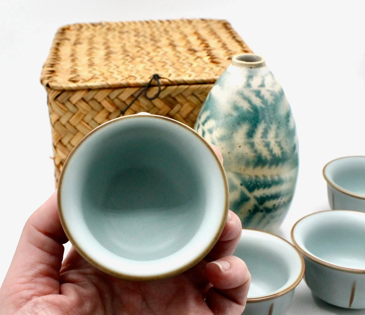 My House by Marine vintage Sake Set Handmade Celadon Ceramic Sake Set: Vintage Signed Bottle, Woven Basket