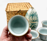 My House by Marine vintage Sake Set Handmade Celadon Ceramic Sake Set: Vintage Signed Bottle, Woven Basket