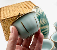 My House by Marine vintage Sake Set Handmade Celadon Ceramic Sake Set: Vintage Signed Bottle, Woven Basket