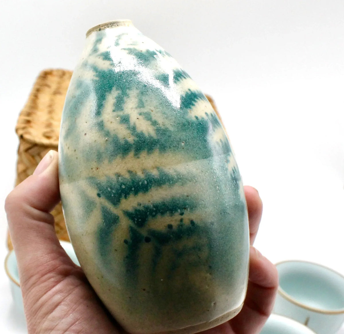 My House by Marine vintage Sake Set Handmade Celadon Ceramic Sake Set: Vintage Signed Bottle, Woven Basket