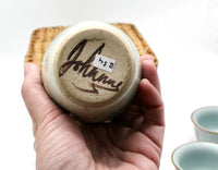 My House by Marine vintage Sake Set Handmade Celadon Ceramic Sake Set: Vintage Signed Bottle, Woven Basket