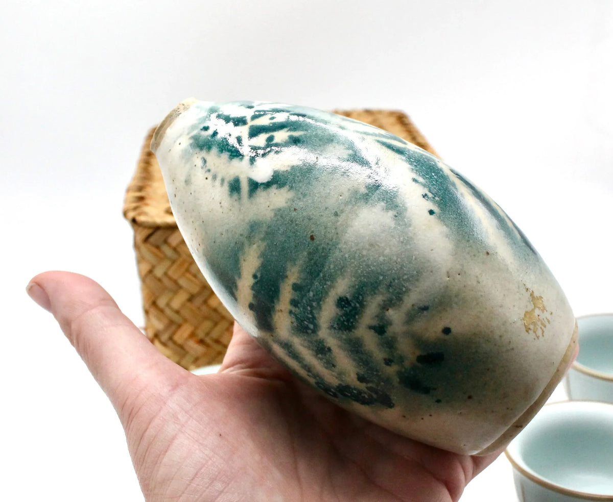 My House by Marine vintage Sake Set Handmade Celadon Ceramic Sake Set: Vintage Signed Bottle, Woven Basket