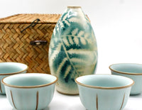 My House by Marine vintage Sake Set Handmade Celadon Ceramic Sake Set: Vintage Signed Bottle, Woven Basket