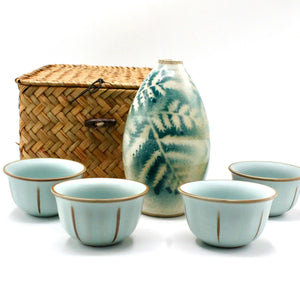 My House by Marine vintage Sake Set Handmade Celadon Ceramic Sake Set: Vintage Signed Bottle, Woven Basket