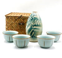My House by Marine vintage Sake Set Handmade Celadon Ceramic Sake Set: Vintage Signed Bottle, Woven Basket