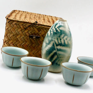 My House by Marine vintage Sake Set Handmade Celadon Ceramic Sake Set: Vintage Signed Bottle, Woven Basket