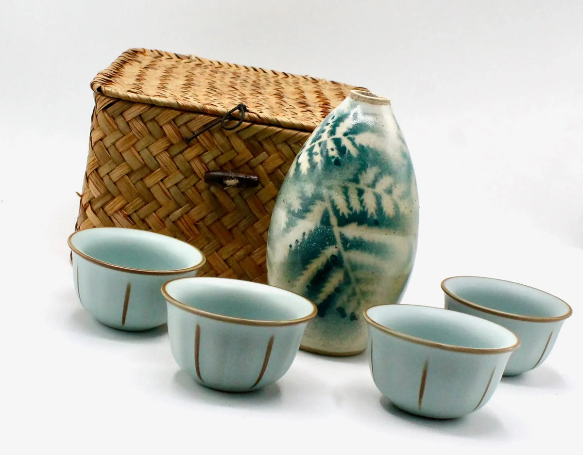 My House by Marine vintage Sake Set Handmade Celadon Ceramic Sake Set: Vintage Signed Bottle, Woven Basket