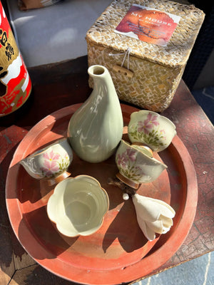 My House by Marine vintage Sake Set Japanese Porcelain Sake Set: Celadon Bottle & 4 Hand Painted Cups in Handwoven Basket