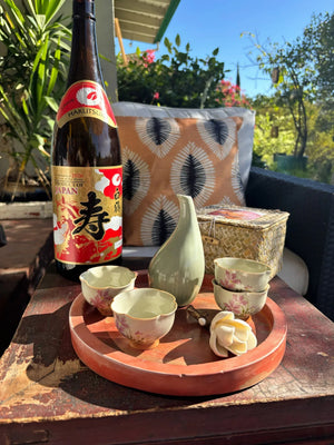 My House by Marine vintage Sake Set Japanese Porcelain Sake Set: Celadon Bottle & 4 Hand Painted Cups in Handwoven Basket