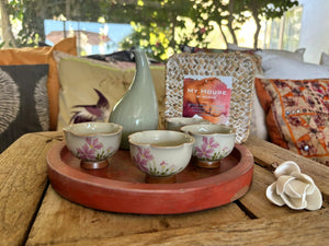 My House by Marine vintage Sake Set Japanese Porcelain Sake Set: Celadon Bottle & 4 Hand Painted Cups in Handwoven Basket