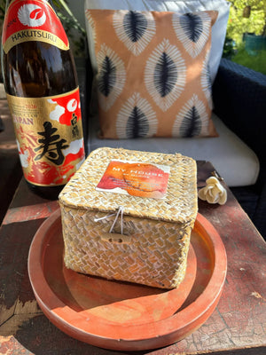 My House by Marine vintage Sake Set Japanese Porcelain Sake Set: Celadon Bottle & 4 Hand Painted Cups in Handwoven Basket
