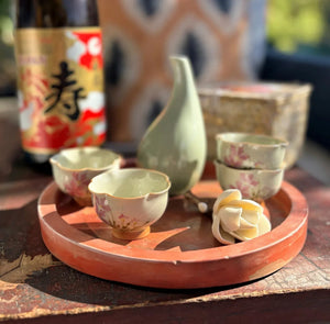 My House by Marine vintage Sake Set Japanese Porcelain Sake Set: Celadon Bottle & 4 Hand Painted Cups in Handwoven Basket