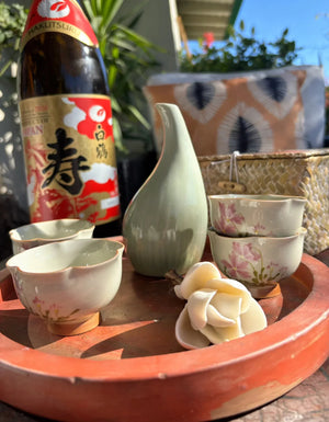 My House by Marine vintage Sake Set Japanese Porcelain Sake Set: Celadon Bottle & 4 Hand Painted Cups in Handwoven Basket