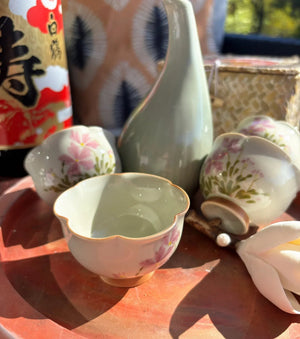 My House by Marine vintage Sake Set Japanese Porcelain Sake Set: Celadon Bottle & 4 Hand Painted Cups in Handwoven Basket