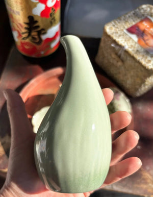My House by Marine vintage Sake Set Japanese Porcelain Sake Set: Celadon Bottle & 4 Hand Painted Cups in Handwoven Basket