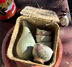 My House by Marine vintage Sake Set Japanese Porcelain Sake Set: Celadon Bottle & 4 Hand Painted Cups in Handwoven Basket