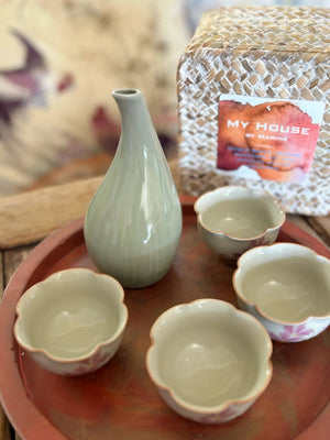 My House by Marine vintage Sake Set Japanese Porcelain Sake Set: Celadon Bottle & 4 Hand Painted Cups in Handwoven Basket