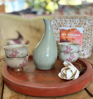 My House by Marine vintage Sake Set Japanese Porcelain Sake Set: Celadon Bottle & 4 Hand Painted Cups in Handwoven Basket