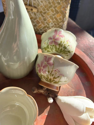My House by Marine vintage Sake Set Japanese Porcelain Sake Set: Celadon Bottle & 4 Hand Painted Cups in Handwoven Basket