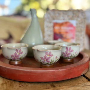 My House by Marine vintage Sake Set Japanese Porcelain Sake Set: Celadon Bottle & 4 Hand Painted Cups in Handwoven Basket